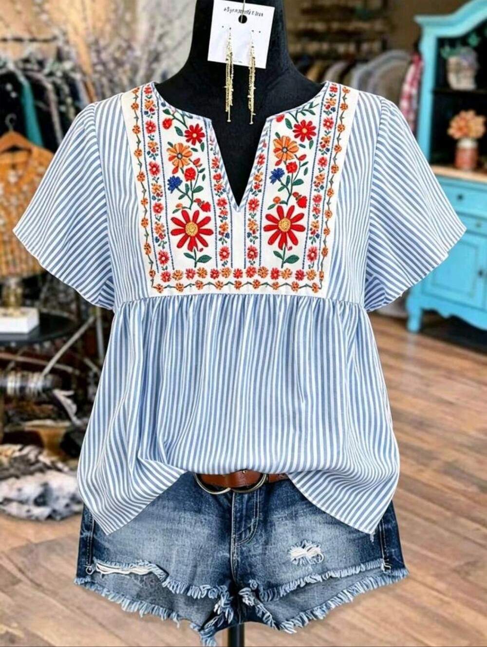 BRAND NEW ** Embroidered Floral Stripe Top